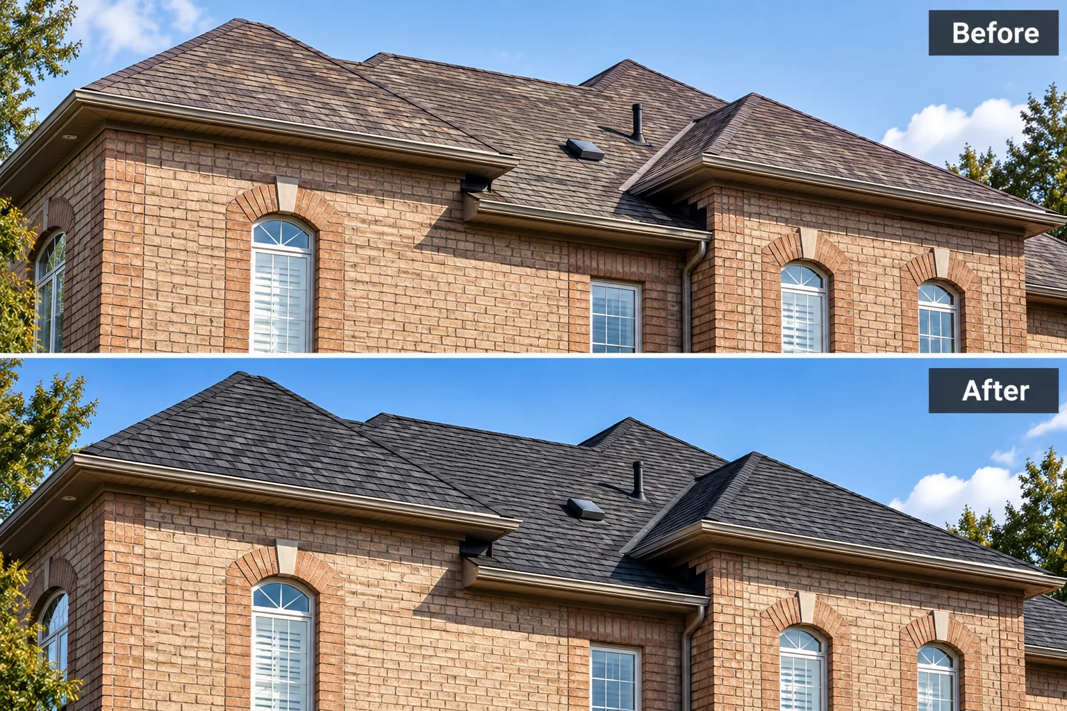 Before and after roof replacement by 360 Services